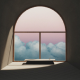 A small window looking out on a pink cloudy sky.